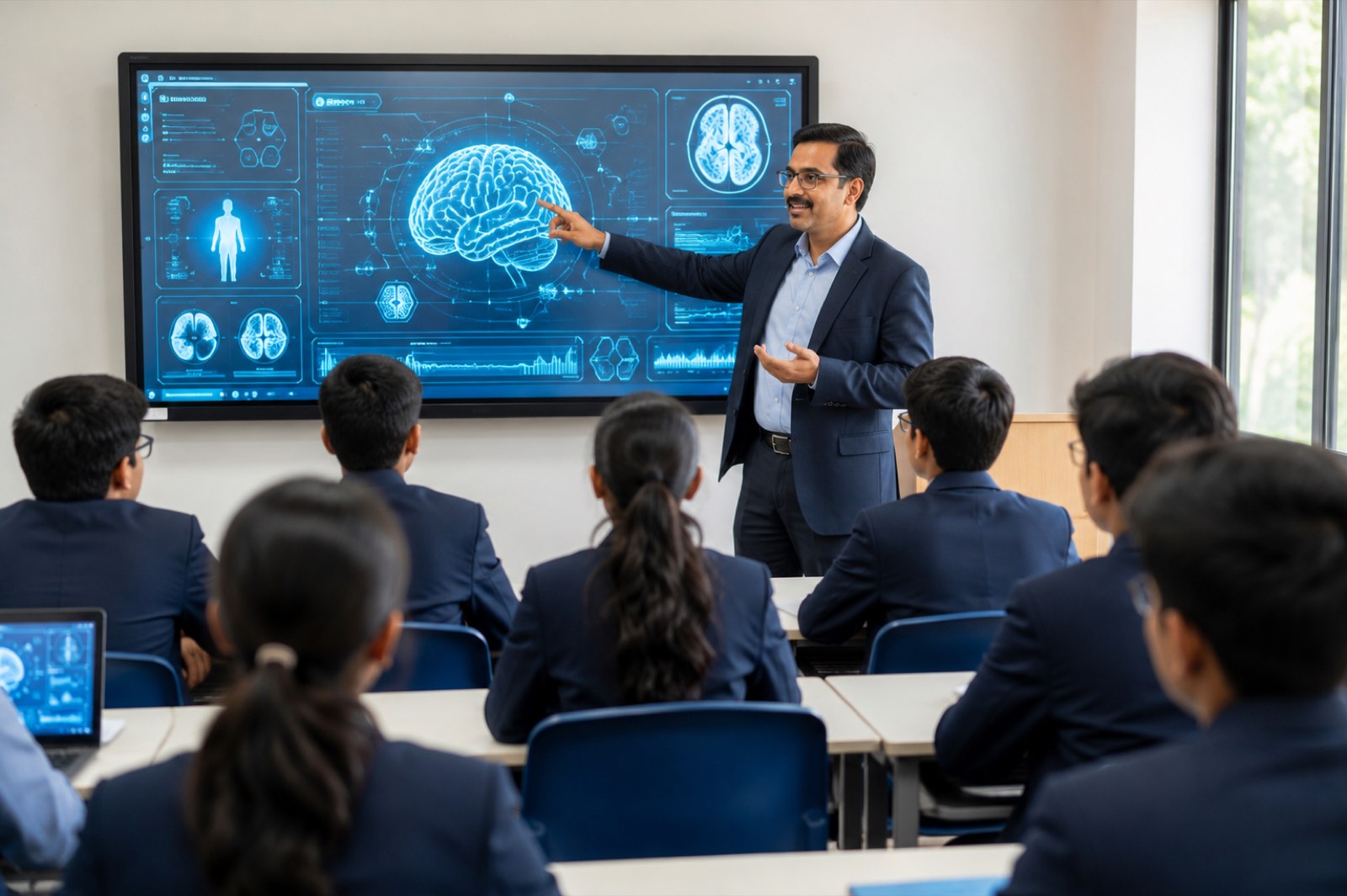 A teacher at the front of a classroom working through a chapter