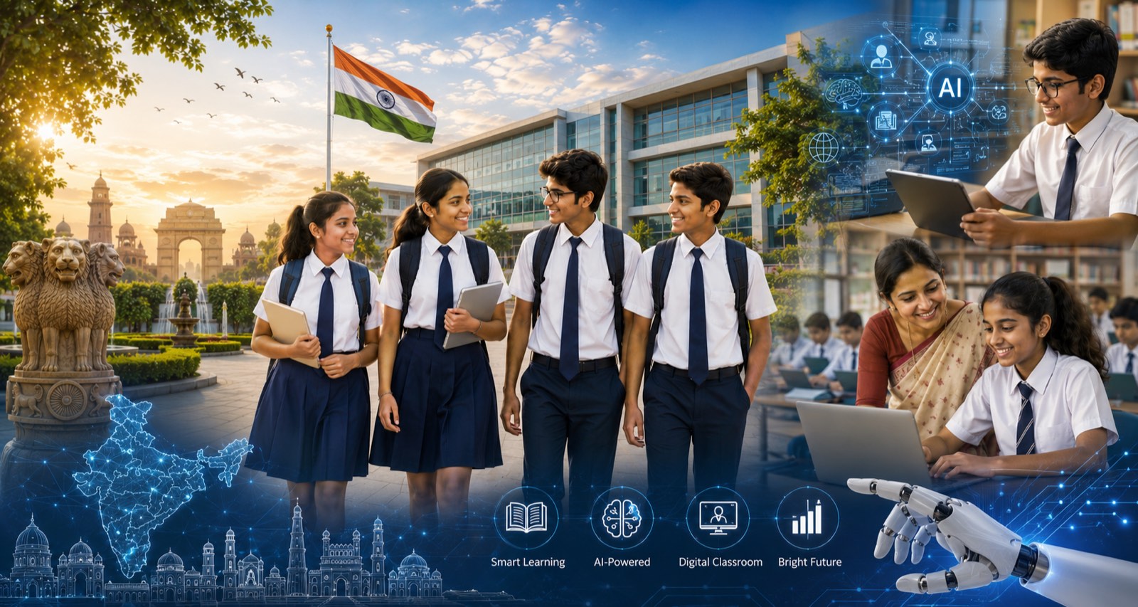 School students standing together outside the school building